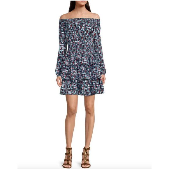 NWT MICHAEL Michael Kors Printed Pebble Crepe Off-the-Shoulder Dress - Large - Picture 1 of 8